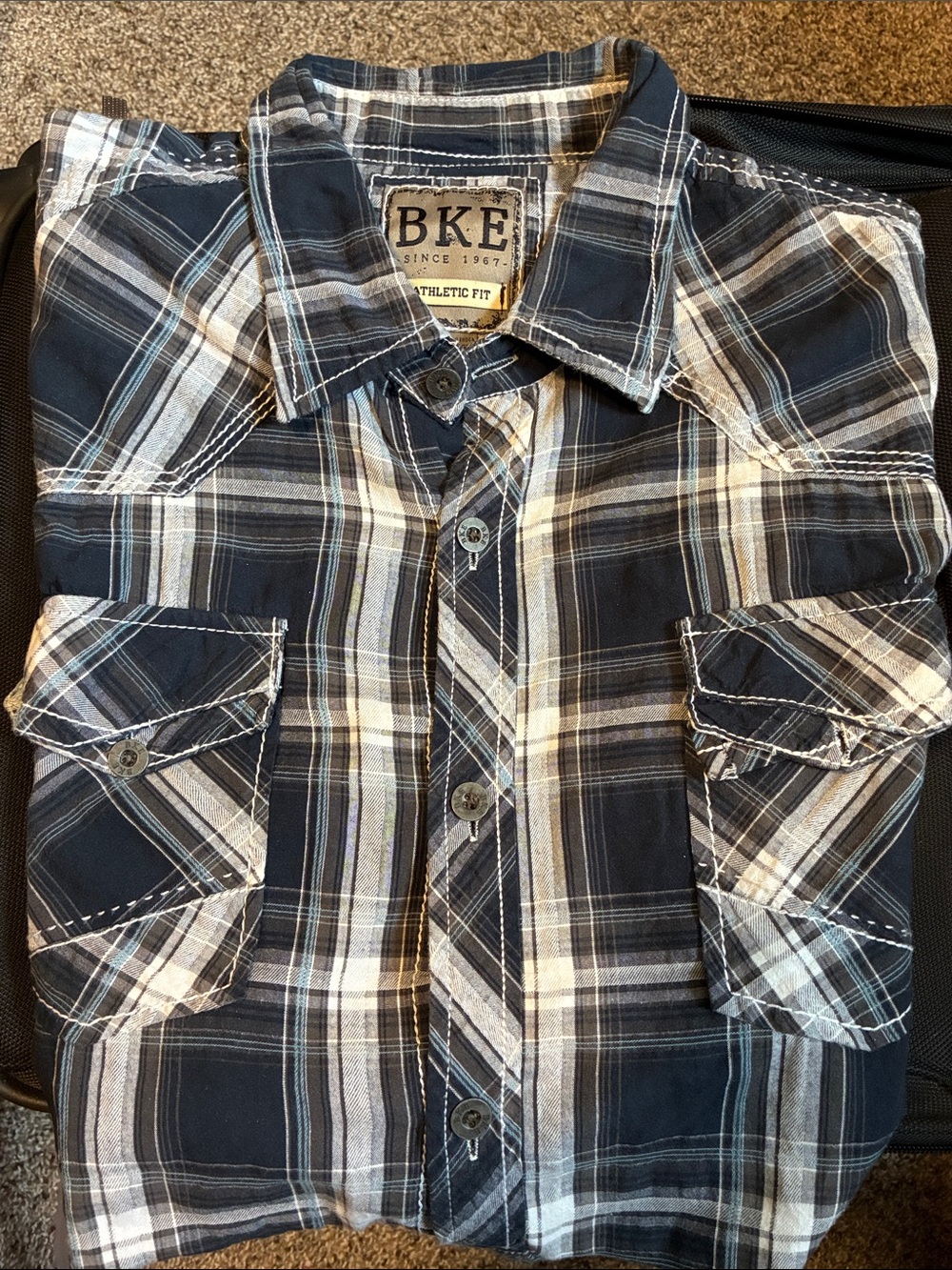 BKE Men's Navy and White Plaid Button-Down Shirt